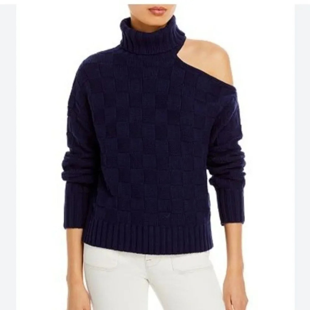 NEW STAUD Rocky Cut Out Navy Blue Basket Weave Turtleneck Sweater Size Small - Picture 3 of 8
